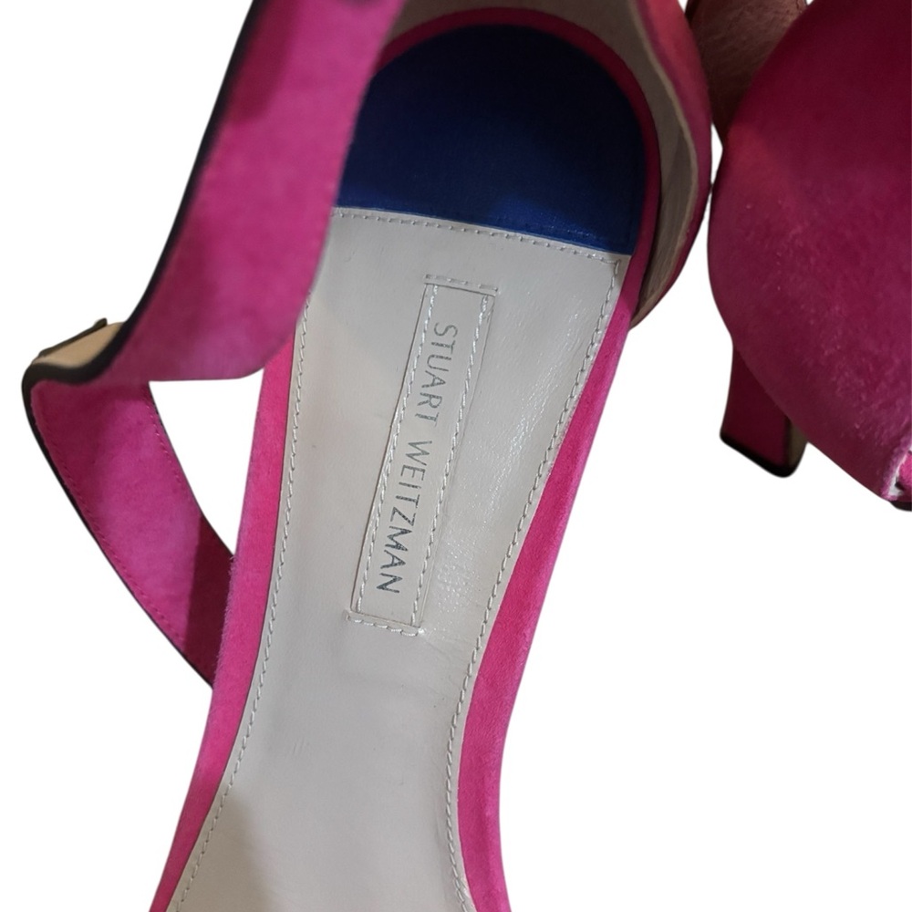 Pink Suede Open-Toe Heel Sandals with Metallic Bow Accent - Picture 3 of 5